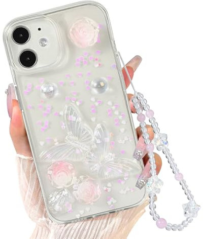 Reownest for iPhone 12/12 Pro Case Cute Bling Glitter Butterfly Clear Design Sparkly Floral Rose Aesthetic Phone Case for Women Girls + Chain