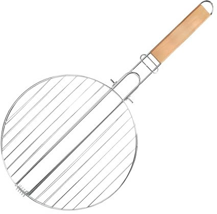 Fusion Food Grill Basket Stainless Steel Barbeque Grill Basket Mesh Non Stick With Ergonomic Detachable Wooden Handle Ring Lock Heat Resistance Grill For Outdoor Camping Travel (26.5x52cm-Round)
