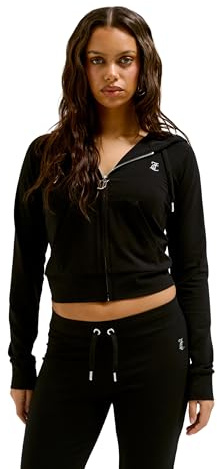 Juicy Couture Damen OOLA Hoodie Kapuzensweatjacke, Jersey Sweatjacke mit Kapuze und Reißverschluss Kapuzenpullover, Black, L