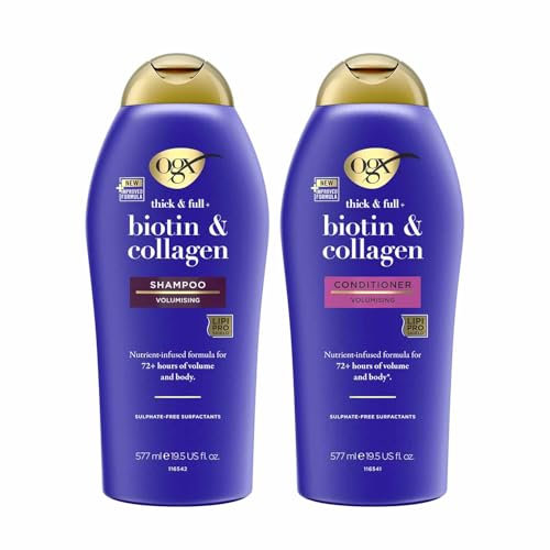 OGX Biotin and Collagen, Thick & Full Volumising Hair Bundle, Shampoo (1x 577ml) and Conditioner (1x 577ml), with Vitamin B7 Biotin and Collagen for Fine Hair, Sulfate Free Surfactants, 72-Hour Volume