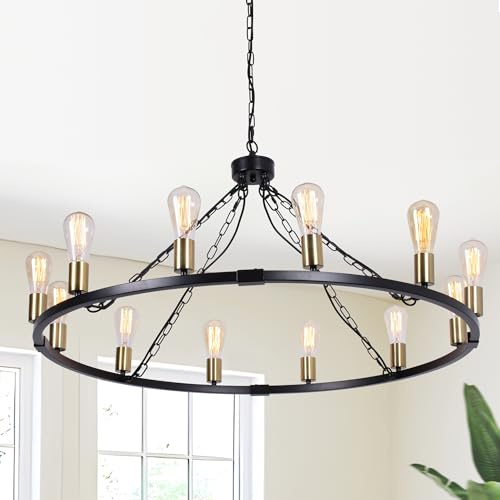 Eoodis Kronleuchter Schwarz Gold Vintage 12-flammig Wagenrad Kronleuchter Ø100cm, Modern Landhausstil Pendelleuchte Höhenverstellbar E27 Hängelampe Industrie-Design für Esszimmer, Wohnzimmer, Küche