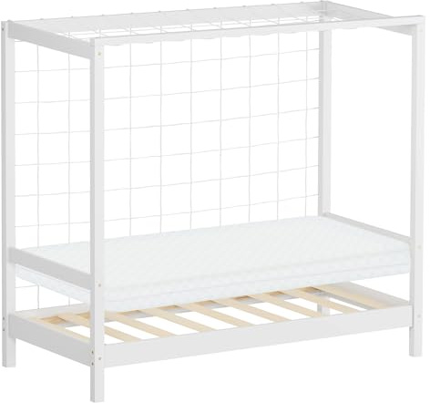 ML-Design Kinderbett Fußballtor 70x140 cm mit Matratze, Weiß, Kinder Einzelbett, Holzbett mit Lattenrost und Tornetz, Jugendbett Kiefernholz, Bettgestell Spielbett Bett Fußballbett-Tor Handballtor