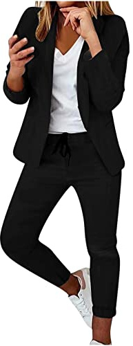 EMATOP Damen Anzug Elegant 2 Teilig Hosenanzug Langarm Business Anzug Set Zweiteiler Einfarbig Blazer Hose Festlich Lange Hosenanzüge Sportlich Slimfit Streetwear Frauen Baumwolle Freizeitanzug