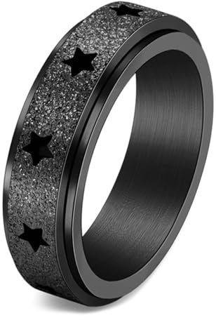 Calefee Anxiety Ring Damen Anti Stress, Ringe Edelstahl Männer Verlobungsring Schwarzes Bandring Matt Drehbar mit Stern 6 mm Breit, Größe 54