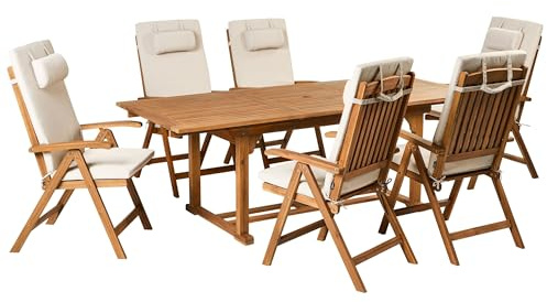 Beliani 6 Seater Garden Dining Set Acacia Wood Foldable Chairs Light Beige Cushions Java Premium