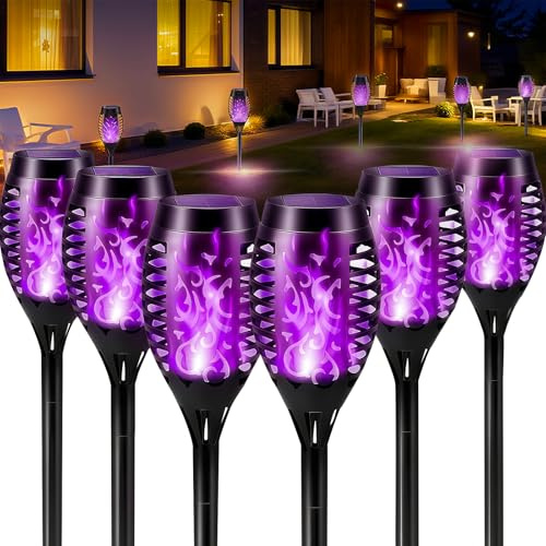 6 Stück Lila Solarlampen für AußEn, Solar Gartenfackeln mit Realistischem Flammeneffekt, IP65 Wasserdichte Solarlampen für Außen, ideal für Halloween Weg, Garten, Hinterhöfe, Rasenbeleuchtung