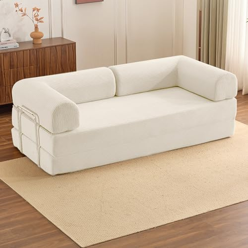 WENMEE Umwandelbares Schlafsofa, 87-Zoll-Bodensofa, Modulare Futon-Couch Mit Zylindrischem Kissen, Für Wohnzimmer, Schlafzimmer, Lounge(White,180x100x70cm)
