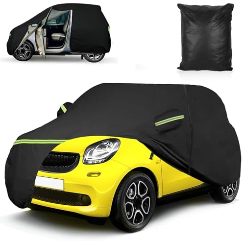 Autoabdeckung für Smart Fortwo W451 W453 2016-2024, Wasserdichte Winter Atmungsaktiv Vollgarage Autoplane für Sonne,Regen,UV,Staub Schutz, mit Reißverschluss-Tür Windriemen Reflektorstreifen (Schwarz)