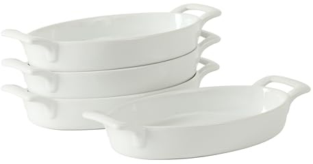 Gibson Home Gracious Dining Oval Au Gratin Baking Dishes, 4-Piece Set – 15 oz Oven Safe Ceramic Small Casserole Dishes with Handles, Microwave & Dishwasher Safe Mini Bakeware, White