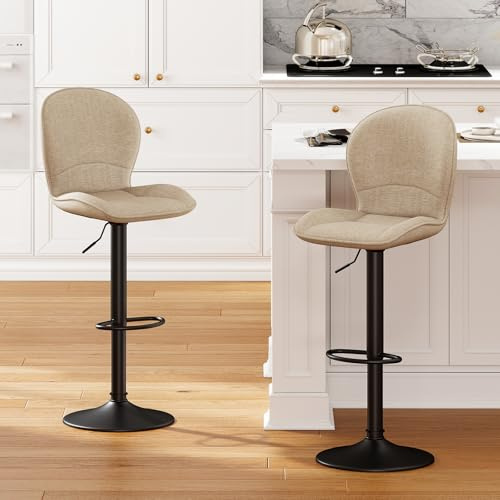 LEWE Barhocker 2er Set, 360° drehbare, Höhenverstellbar, Stofflehne, Khaki | Küchenhocker mit atmungsaktiver Stofflehne und metallener Fußstütze, modern skandinavisch für Küche, Bar und Esszimmer
