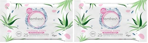 Femfresh Soothing Intimate Wipes, Flushable & Biodegradable Feminine Wipes with Aloe Vera & Calendula, pH Balanced & Hypoallergenic, 25 Count (Pack of 2)
