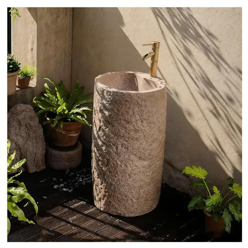 Sxlawesom Circular Pedestal Sink for Outdoor or Indoor, Faux Stone Pedestal Washbasin with Brass Hot & Cold Faucet for Gardens, Patios(Tall)
