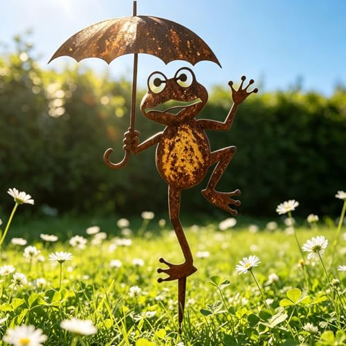 GZWY Metall Gartenstecker Rost Deko Frosch Gartenfiguren für Draußen, Frosch Gartendeko für Draußen Wetterfest, Gartendeko Rost Frösche Figuren mit Regenschirm für Garten, Rasen, Terrassen Deko (A)