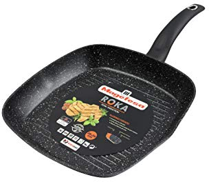 Magefesa Roka Asador 28 cm de aluminio forjado bicapa efecto piedra, color exterior efecto piedra. Full induction. Mango soft touch negro.