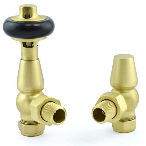 Hot Flow Brushed Brass Shannon Angled Modern TRV Thermostatic Radiator Valve (Pair) Includes Angled TRV Body & One Lock Shield for Quick & Easy Temperature Control. Perfect for Energy Saving.