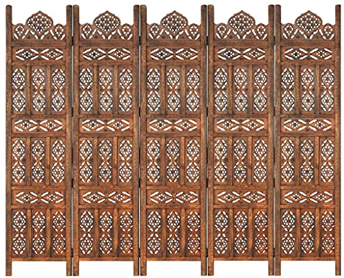 vidaXL Mangoholz Massiv Raumteiler 5-TLG. Handgeschnitzt Klappbar Trennwand Paravent Spanische Wand Umkleide Sichtschutz Braun 200x165cm