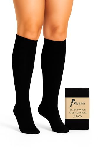 MYSASI 2 Pair Women’s Black Opaque Knee High Socks – Size 4-7 - Soft, Breathable & Stretchy Hosiery – Black Knee High Pop Socks for Work, Office, Dress, Boots