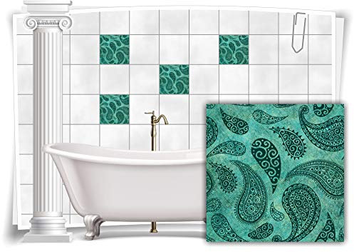 Medianlux Fliesen-Aufkleber Fliesen-Bilder Paisley Barock Nostalgie Retro Floral Türkis Bad WC Deko Folie Badezimmer Dekoration, 4 Stück, 15x15cm m22-tuerkis-115415