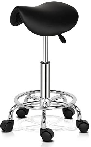 Bonnlo Adjustable Saddle Salon Stool Hydraulic Gas Lift Chair, Swivel Rolling Wheels & Ergonomic, for Hairdressing Manicure Tattoo SPA Beauty Therapy Bar Studio, Black