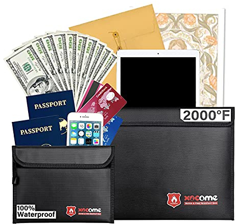 xocome 2 Stück Feuerfeste und wasserdichte Tasche(38x28cm, 23x17.5cm) Zweilagigen Glasfasermaterial, Feuersichere wasserdichte Aktentasche für A4 Dokumente, Passport Bankdatei Geld Wertsachen(Schwarz)