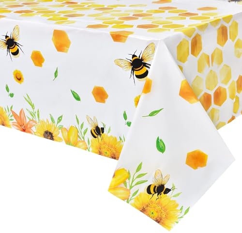 WERNNSAI Bee Party Tischdecke – 1 Packung 137 x 274 cm, Bienen-Geburtstagsparty-Zubehör für Kinder, Mädchen, B-Day, Babyparty, Hummel-Thema, Party-Dekoration, groß, bedruckte Tischdecke