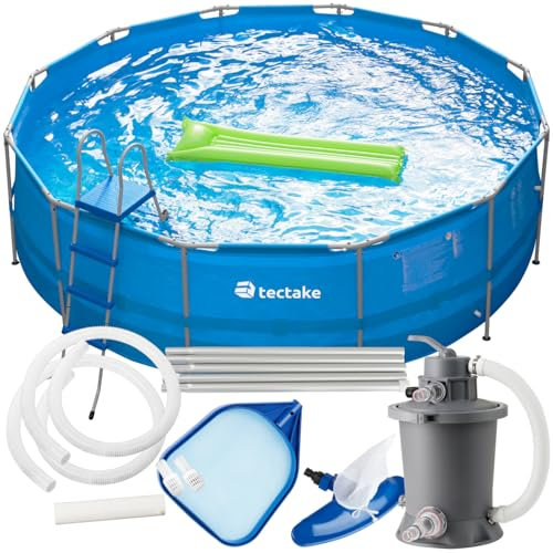 TecTake® Piscine Ronde Hors Sol Ø450xH122cm, Structure en Acier, PVC Résistant aux UV, avec Filtre à Sable, Échelle de Sécurité & Épuisette, Montage Facile