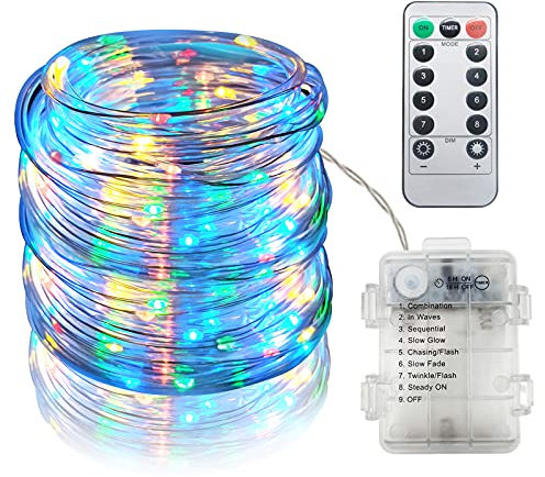 Rope Lights Battery Operated,39Ft 100Led Indoor&Outdoor String Lights Remote Control, 8 Lightning Modes Waterproof Copper Wire Hanging Lights Christmas Lights for Home Patio Garden Party - Multicolor