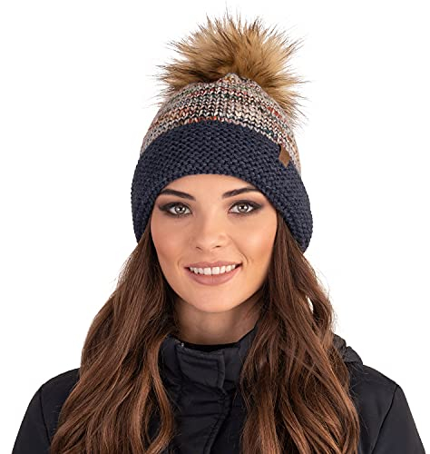 Vivisence Winter Bommelmütze Für Damen Aus Warmem Garn Mit Bommel Und Antistatischer Wirkung Weiches Innenfutter Aus Vlies Perfekte Passform Ideal Für Kalte Wintertage Modell, Dunkelblau,Einheitsgröße