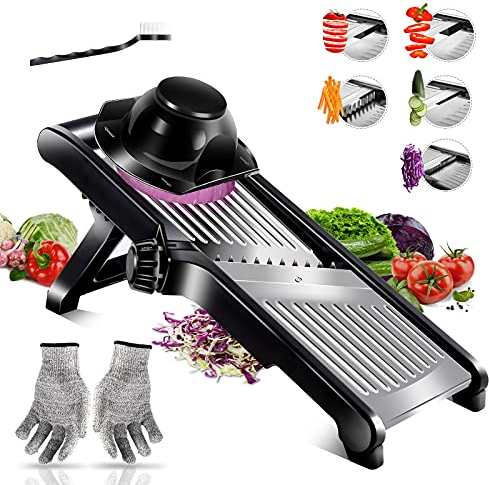 Myiosus Mandoline Gemüsehobel, Verstellbar Gemüseschneider, Edelstahl Gemüsehobel, Multifunktion Mandoline Gurkenhobel für Gemüse & Obst, Senden Schnittfesten Handschuhen & Reinigungsbürste