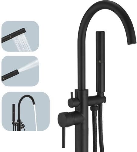 BESy Miscelatore per vasca da bagno autoportante per vasca da bagno autoportante con supporto a pavimento in ottone rubinetti per vasca da bagno con 2 funzioni doccetta girevole, finitura nera opaca