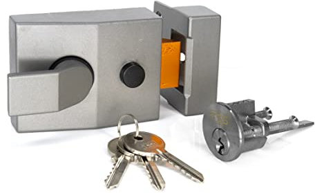 UK Security Supplies Standard Deadlocking Nightlatch, Dark Grey Silver Cylinder, 60mm Backset, Complete with Rim Cylinder Lock Supplied with 3 Keys. External Door Lock for Front Door and Back Door.