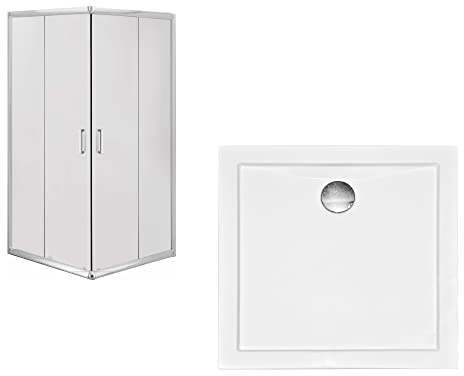 VBChome Cabine de douche 80 x 80 - Chrome - Avec bac de douche - En verre dépoli - Avec entrée d'angle - Pour porte coulissante - En verre de sécurité - Moderne et élégant - Qualité supérieure