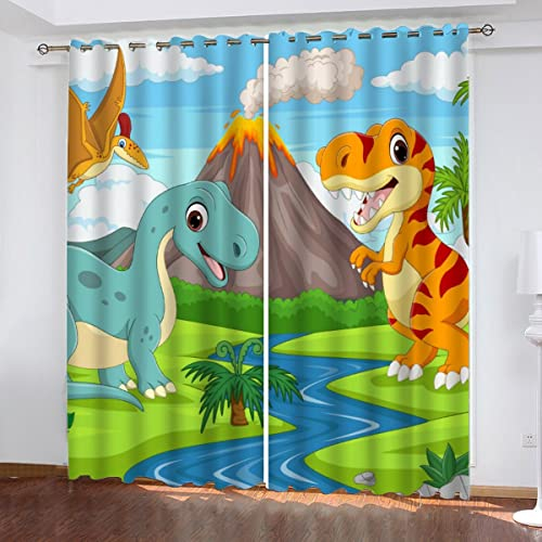 NUYSP Cartoon-Dinosaurier Vorhang Blickdicht B 220 X H 215cm Polyester Vorhänge mit Ösen 2er Set Gardinen, 3D Gedruckt Tier Verdunkelungsvorhang für Kinderzimmer Wohnzimmer Schlafzimmer