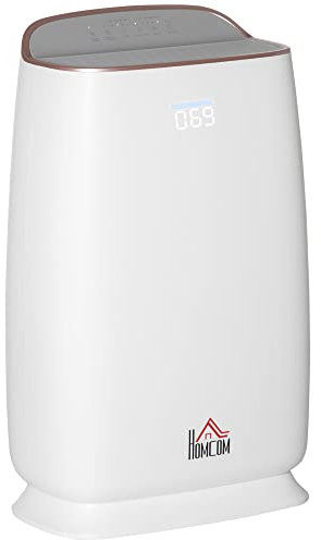 HOMCOM Purificador de Aire con Filtro HEPA de 3 Capas CADR 220 m³/h hasta 28 m² Purificador de Sobremesa con Pantalla LED 4 Velocidades Temporizador Modo Nocturna y Silencioso 30x17x53 cm Blanco