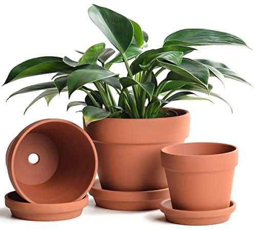 INGOFIN Set di 3 vasi in terracotta con sottovaso, vasi in ceramica con foro di drenaggio, vasi per piante grasse da giardino con vassoio, per piante da interno ed esterno, set da 3