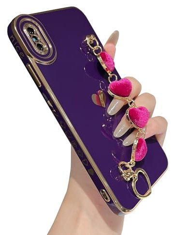 Caseative for iPhone Xs Max Case,Cute Plating Love Heart Wrist Strap Chain Bracelet Phone Case (Purple)
