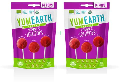 Yumearth Lot de 14 sucettes à fruits bio avec vitamine C (pack de 2 sachets saveur fraise, cerise et fruits rouges)