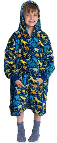 Mad Dog Kinder-Decke mit Kapuze, tragbare Decken mit gemütlichen Ärmeln, weiches Fleece und Sherpa-Designs, für Jungen und Mädchen, Alter 4–13 Jahre, Dinosaurier, 4-7 Jahre
