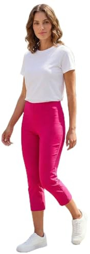Roman Cropped Trousers for Women UK Ladies Capri Leggings Summer Pants Short Crop Stretch 3/4 Length Three Quarter Pedal Pusher Clothes Elasticated Bengaline Cut Off - Petite Cerise - Size 16