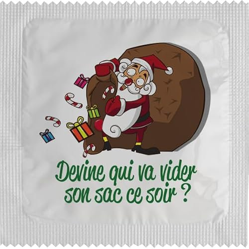 Préservatif humoristique - modèle Au pied du sapin - En Latex Fin et résistant - Imprimé en France - Capote rigolo pour homme - cadeau parfait (Devine qui va vider son sac ce soir)
