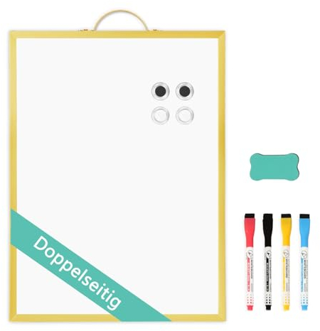 QUEENLINK Doppelseitiges Magnetisches Whiteboard, 30 x 40cm Dry Erase Board für die Wand, Kleine Goldene Aluminiumrahmen Tafel mit Halterung, tragbare Tafel für Haus Küche Büro AL70-WB2-V-3040-GLD