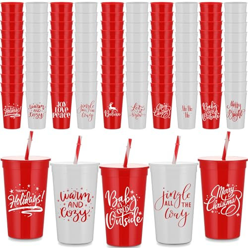 Sliner 50 Pcs 34 oz Christmas Tumbler with Straw and Lid Winter Holiday Coffee Mug Cup Outdoor Reusable Plastic Cup Joy Love Peace Believe Sign Camping Water Bottle Gift for Xmas Party Campfire