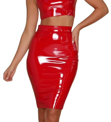 SamHeng Jupe Crayon en Cuir PU Look Humide métallique Brillant Jupe midi Bodycon Jupe de fête au Crayon à Taille Haute Robe de vêtements de Club de Bureau Sexy Rouge/L