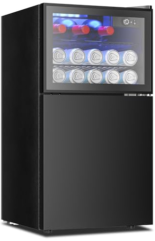 EUHOMY Double Door Mini Fridge With Freezer, Freestanding Wine Cooler Refrigerator With Reversible Door, Compact Refrigerator Temperature Control, Wine Fridge Perfect For Kitchen Home Office.