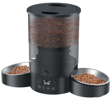 Automatic Cat Feeder for 2 Cats, SURDY 3L Cat Food Dispenser Auto Feeder with 2 Stainless Bowls, 10s Meal Call Dual Power Supply and Timer Setting 12 Portions 6 Meals Per Day