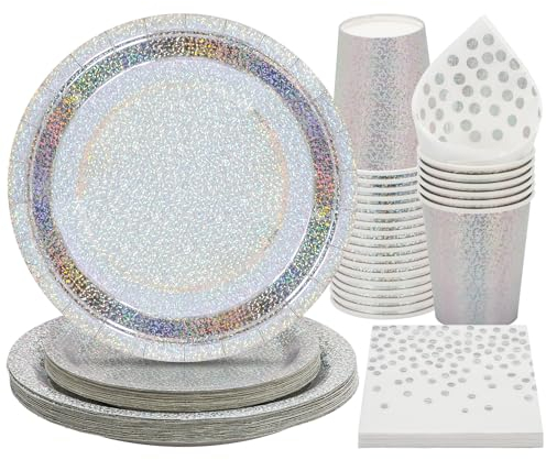 PARTY GO 96pcs Iridescent Party Tableware Set Shiny Laser Paper Plates Iridescent Party Table Supplies with Paper Plates Cups Napkins for Picnic Wedding Bridal Shower Birthday Baby Shower Party Decor