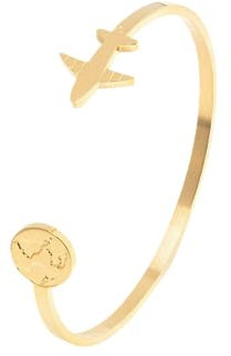 Elegantes Edelstahl Armband mit Flugzeug und Weltkarte - Verstellbares Starres Design - Geschenk für Reisende - Modell Hanoi (Poliertes Gold)