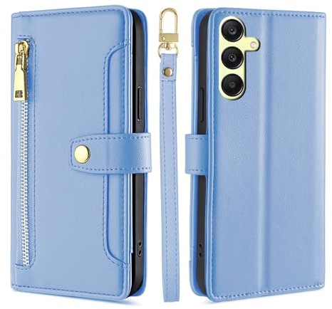 Handykette kompatibel mit Samsung Galaxy A25 | Leder Handyhülle mit Kartenfächern | Handyhülle zum Umhängen | Hellblau