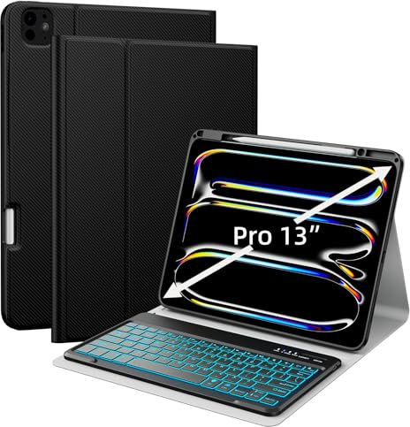 JUQITECH iPad Pro 13 Inch Case with Keyboard M4 2024, iPad Pro 13 Keyboard Case, 7Colors Backlit Bluetooth Removable Keyboard Soft Protective Folio Tablet Case Built-in Apple Pencil Pro Holder, Black