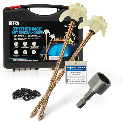 VALKENBERG 25x Schraubheringe Camping [Stahl] - Heringe Camping mit Transportbox und Steckschlüssel - Zeltheringe zum Schrauben für alle Böden - Heringe Zelt sturmsicher und stabil